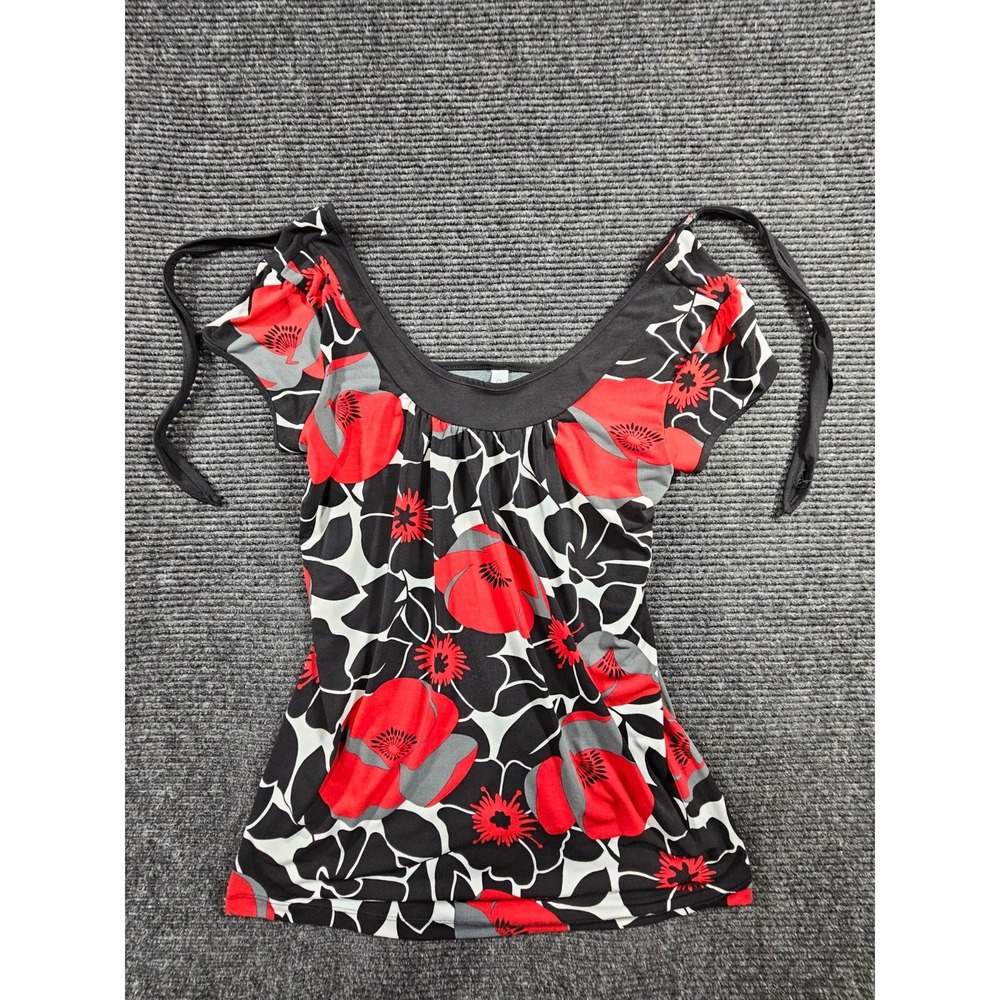 Gitano Top Womens XL Black Red Stretch Floral Tie Shoulder Cap Sleeve Scoop Neck